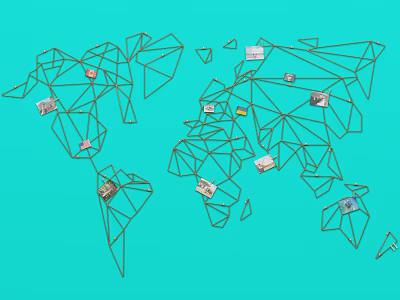 Geometric World Map Wall Decor With Line Art And Small Image Accents On Blue Background 3d model