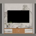TV Background Wall Featuring Landscape Painting Wooden Panels TV Cabinet Small Potted Plant And Decorations