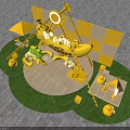 Yellow Camping Theme Stage With Giant Hand Sculptures Tents Grass Area And Wooden Frame