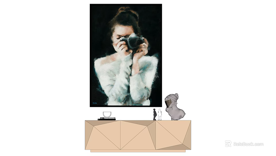 Portrait Painting of Woman With Camera on Geometric Cabinet and Decorative Figurine 3d model 