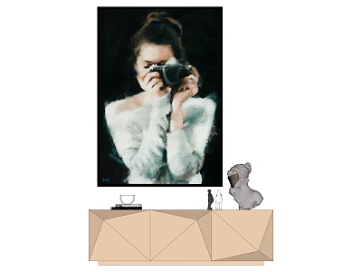 Portrait Painting of Woman With Camera on Geometric Cabinet and Decorative Figurine 3d model