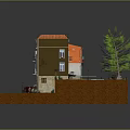 Miniature Model Scene With Orange House Beige Building Tables Chairs Tree And Street Lamps