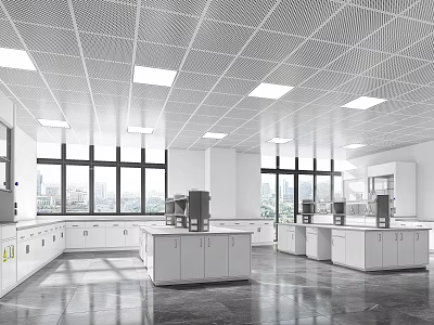Modern Laboratory With White Lab Benches Equipment Large Windows And Bright Lighting 3d model