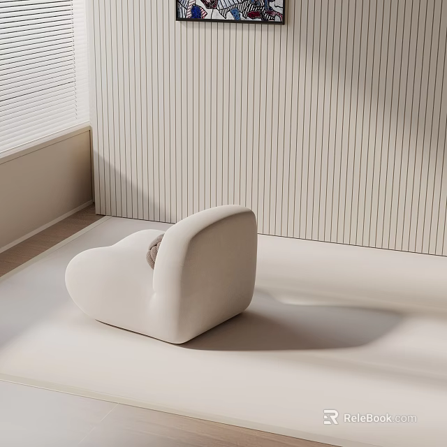 Minimalist Ivory Leisure Chair In Modern Space With Vertical Striped Wall And Blinds 3d model 