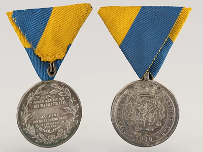 Vintage Silver Jewelry Two Pieces With Blue And Yellow Ribbon Engraved Design 1900 3d model