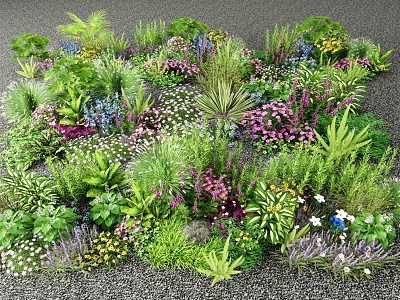 Vibrant Mixed Flowers and Diverse Green Plants in a Lush Garden Bed 3d model