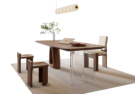 Modern Middle-ancient Style Desk and Chair Combination Modern Desk and Chair Acrylic Desk Study Chandelier Type Chandelier Desk Ornaments Vase Green Planting Solid Wood Desk and Chair 3d model