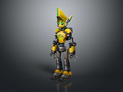 Yellow And Black Robot Character With Green Eyes And Pointed Mechanical Head Design 3d model