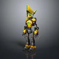 Yellow And Black Robot Character With Green Eyes And Pointed Mechanical Head Design