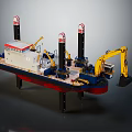Engineering Work Vessel With Multiple Towers And Yellow Excavator Arm 3d model