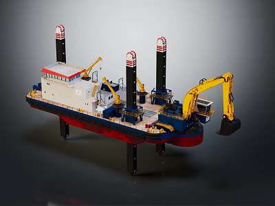 Engineering Work Vessel With Multiple Towers And Yellow Excavator Arm 3d model