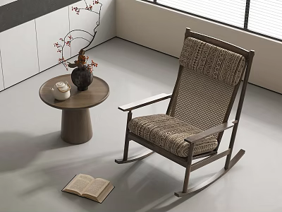 Cozy Modern Rocking Chair With Woven Seat Wooden Frame Side Table And Open Book 3d model