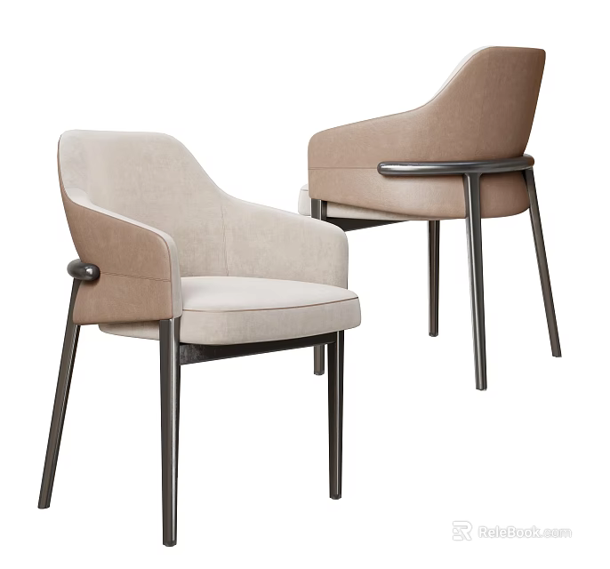 Modern Upholstered Leisure Chair With Beige Fabric And Black Metal Armrests Legs 3d model 