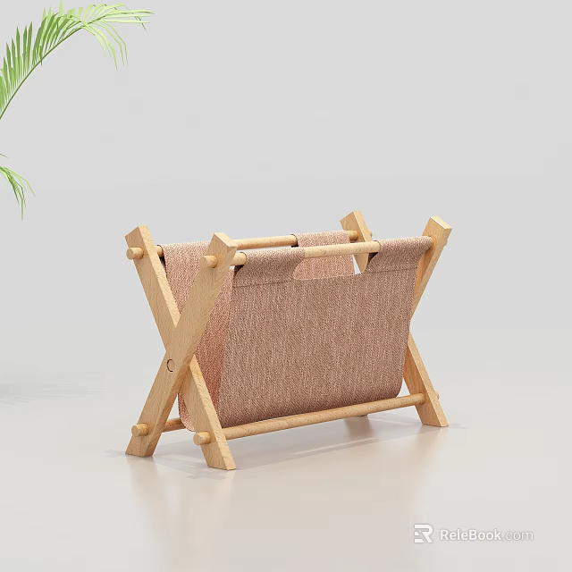 Light Wood Stool With Cross Support Frame And Brown Fabric Seat 3d model