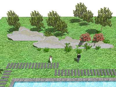 Serene Garden Ornaments Featuring Lush Grass Trees Decorative Rocks Pathway and Pool 3d model