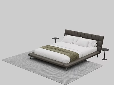 Modern Double Bed with Tufted Headboard White Bedding Green Throw Black Nightstands on Light Gray Rug 3d model