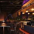 Modern Chinese Restaurant Interior With Open Space Neon Lights Tables Chairs And Green Plants