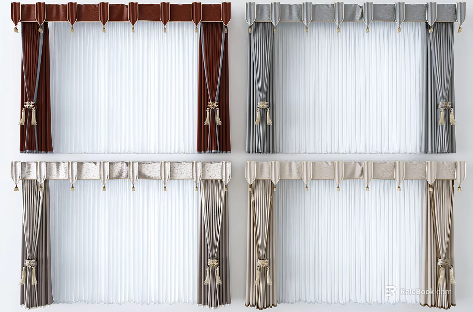 Multi Colored Curtains With Inner And Outer Layers And Decorative Ties 3d model