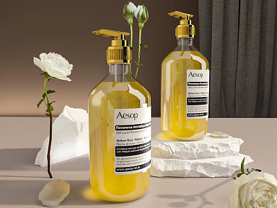 Elegant Aesop Cosmetic Bottles With Yellow Liquid And White Roses On Stone Base 3d model