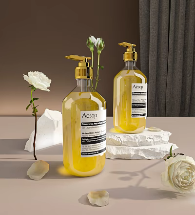 Elegant Aesop Cosmetic Bottles With Yellow Liquid And White Roses On Stone Base 3d model
