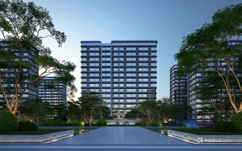 Modern High Rise Residential Building Surrounded by Greenery Trees and Community Landscape 3d model 