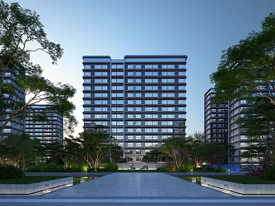 Modern High Rise Residential Building Surrounded by Greenery Trees and Community Landscape 3d model
