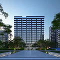 Modern High Rise Residential Building Surrounded by Greenery Trees and Community Landscape