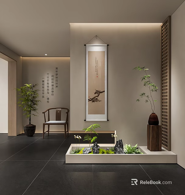 Chinese Style Foyer Hallway With Scroll Painting Potted Plants And Water Feature 3d model 
