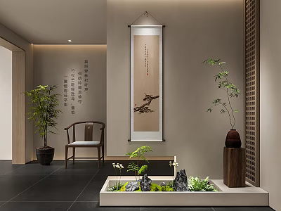 Chinese Style Foyer Hallway With Scroll Painting Potted Plants And Water Feature 3d model