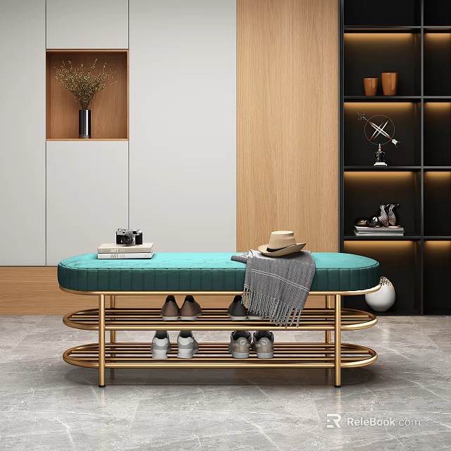 Modern Entryway Ottoman With Teal Upholstery Golden Frame And Shoe Storage 3d model 