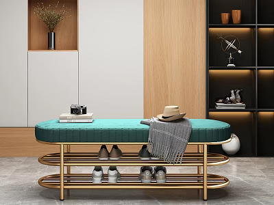 Modern Entryway Ottoman With Teal Upholstery Golden Frame And Shoe Storage 3d model