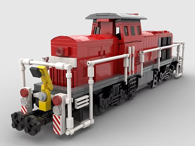 Red Diesel Locomotive Building Blocks Model With Railings And Headlights 3d model