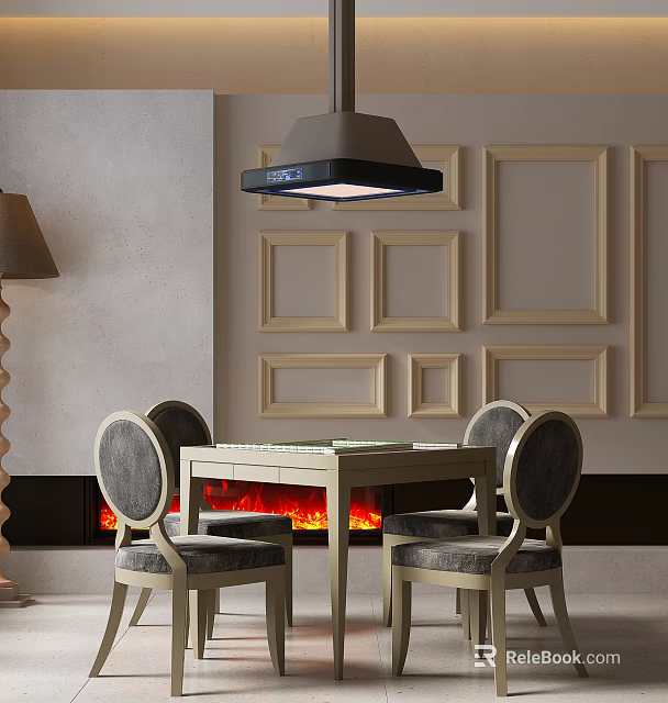 Elegant Functional Dining Table with Four Chairs Decorative Frames Pendant Light and Fireplace Flames 3d model