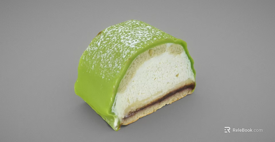 Layered Green Matcha Dessert with Cream Filling and Powdered Sugar Topping 3d model 