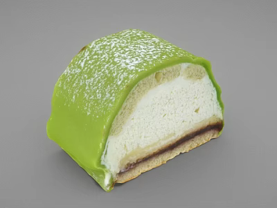 Layered Green Matcha Dessert with Cream Filling and Powdered Sugar Topping 3d model