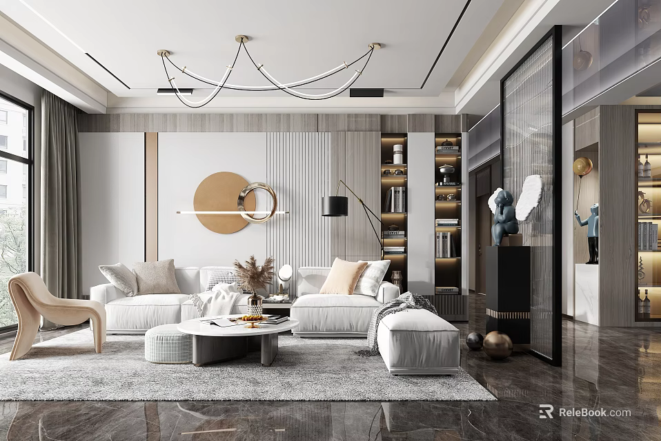 Elegant Modern Living Room Interior Design With White Sofa Circular Mirror Bookshelf And Floor Lamp 3d model 