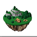 Cartoon Floating Island Scene With Green Grass Trees Rocks And Hills