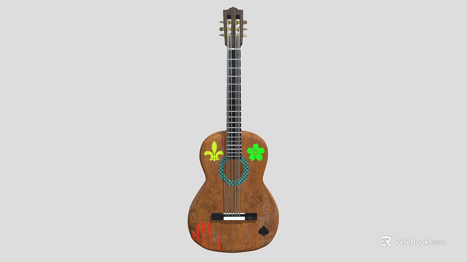 Wooden Acoustic Guitar With Decorative Clover And Fleur De Lis Painted Art Supplies Designs 3d model 
