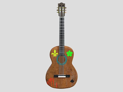 Wooden Acoustic Guitar With Decorative Clover And Fleur De Lis Painted Art Supplies Designs 3d model