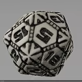 Black And White Polyhedral Dice With Geometric Patterns And Numbered Faces