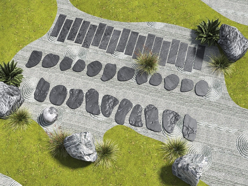Natural Stone Stepping Path In Zen Garden With Green Lawn Wavy Sand And Small Plants 3d model 