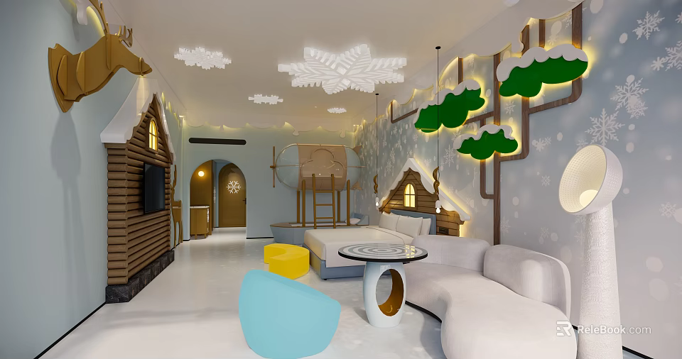 Kid Friendly Hotel Room With Cloud Decorations Slide And Wooden Structure 3d model