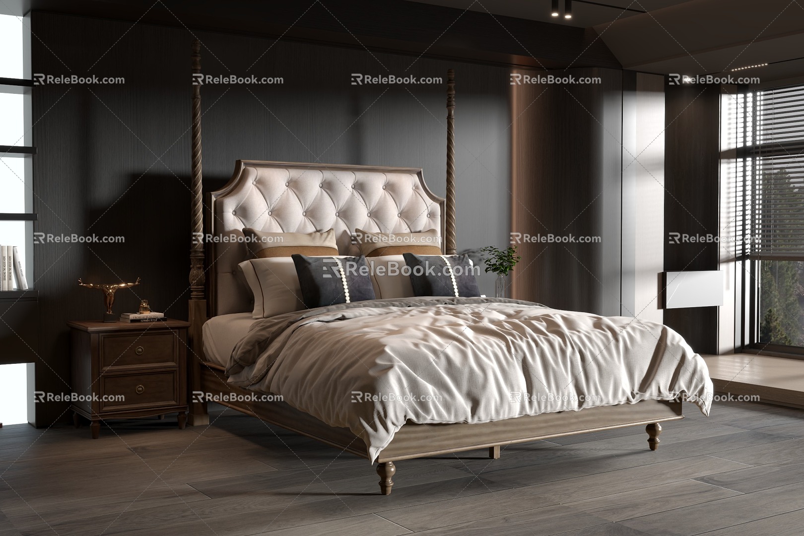 American Style Traditional Solid Wood Double Bed Cabinet with Silent Leather Backrest 3d model