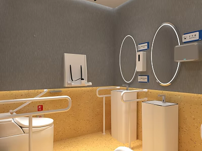 Other Restroom Interior With Toilet Grab Bars Sinks Round Mirrors Gray Walls And Yellow Floor 3d model