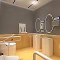 Other Restroom Interior With Toilet Grab Bars Sinks Round Mirrors Gray Walls And Yellow Floor