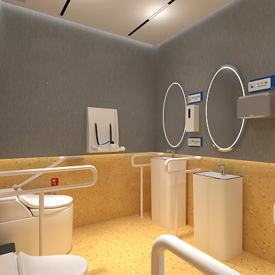 Other Restroom Interior With Toilet Grab Bars Sinks Round Mirrors Gray Walls And Yellow Floor 3d model