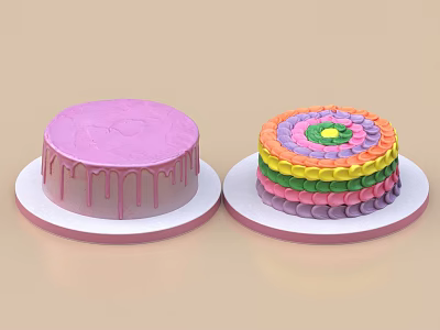 Appetizing Decorated Cakes With Pink Frosted Drip And Colorful Layered Circular Decorations 3d model