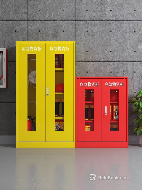 Fire Safety Equipment Stored in Yellow and Red Glass Door Emergency Supply Cabinets 3d model 