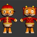 Two Cute Tiger Dolls Dressed In Red Chinese Traditional Clothing With Hat And Ears