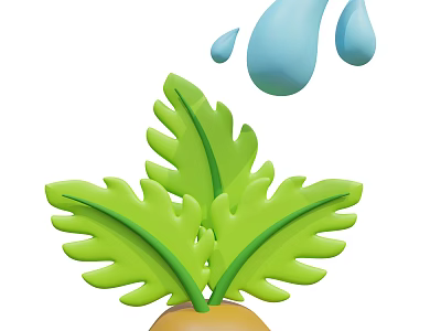 Fresh Green Plant Leaves With Water Droplets Falling From Above 3d model